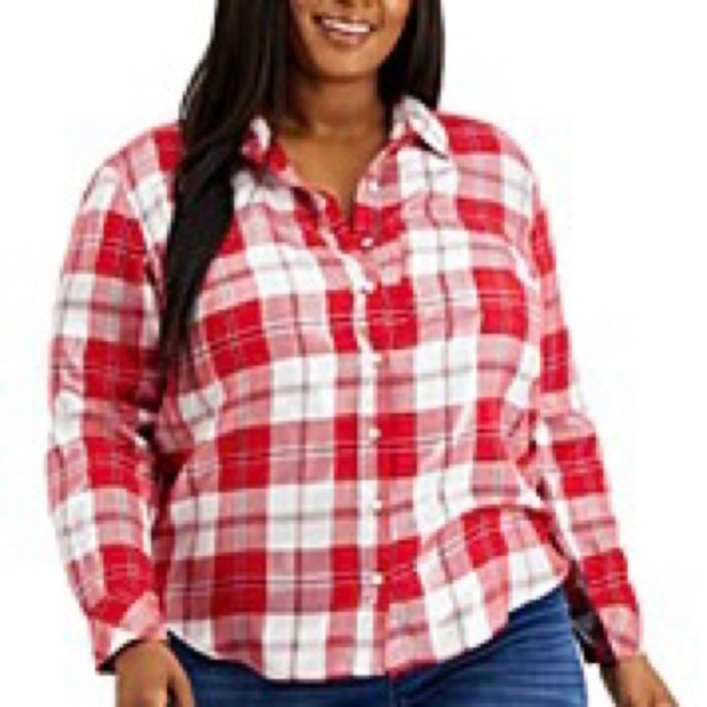 Style & Co Petite Medium Red Metallic Plaid Flannel Top Blouse Shirt